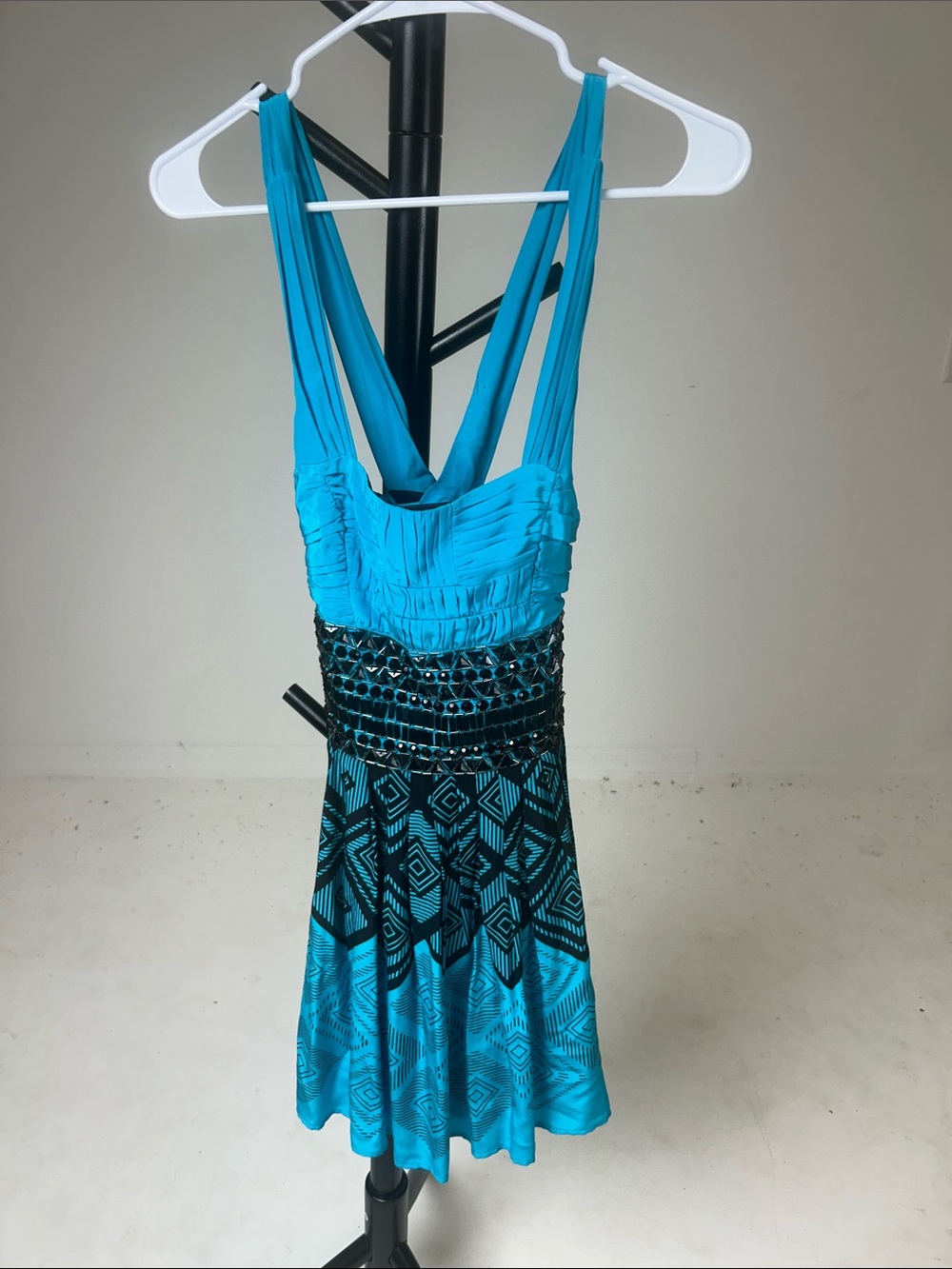 bebe Turquoise Beaded Geometric Mini Dress